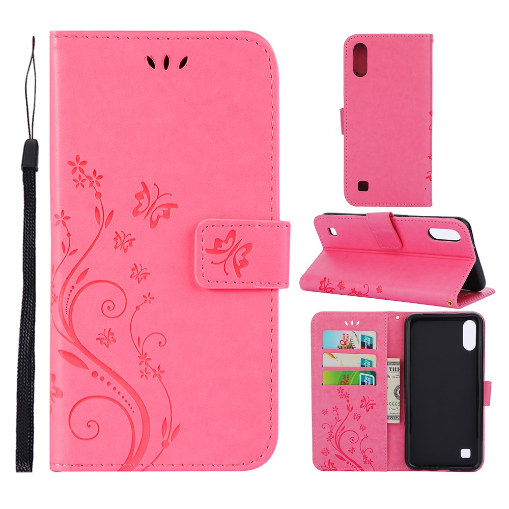 Imprint Butterfly Flower Leather Wallet Case for Samsung Galaxy A10 - Pink-1