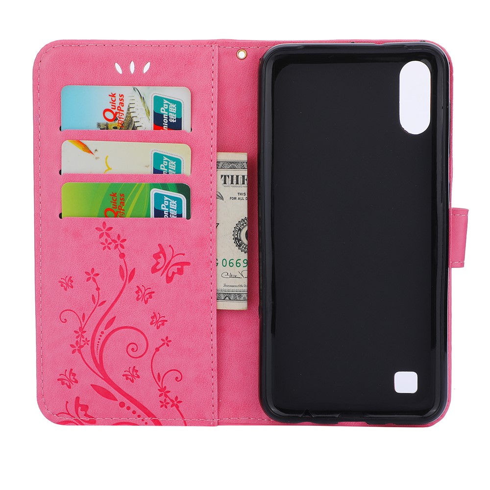 Imprint Butterfly Flower Leather Wallet Case for Samsung Galaxy A10 - Pink-3