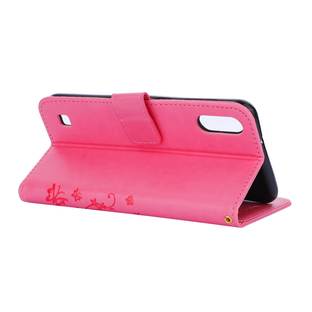 Imprint Butterfly Flower Leather Wallet Case for Samsung Galaxy A10 - Pink-4