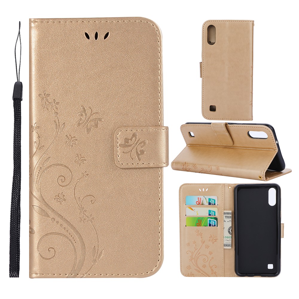 Imprint Butterfly Flower Leather Wallet Case for Samsung Galaxy A10 - Gold-1