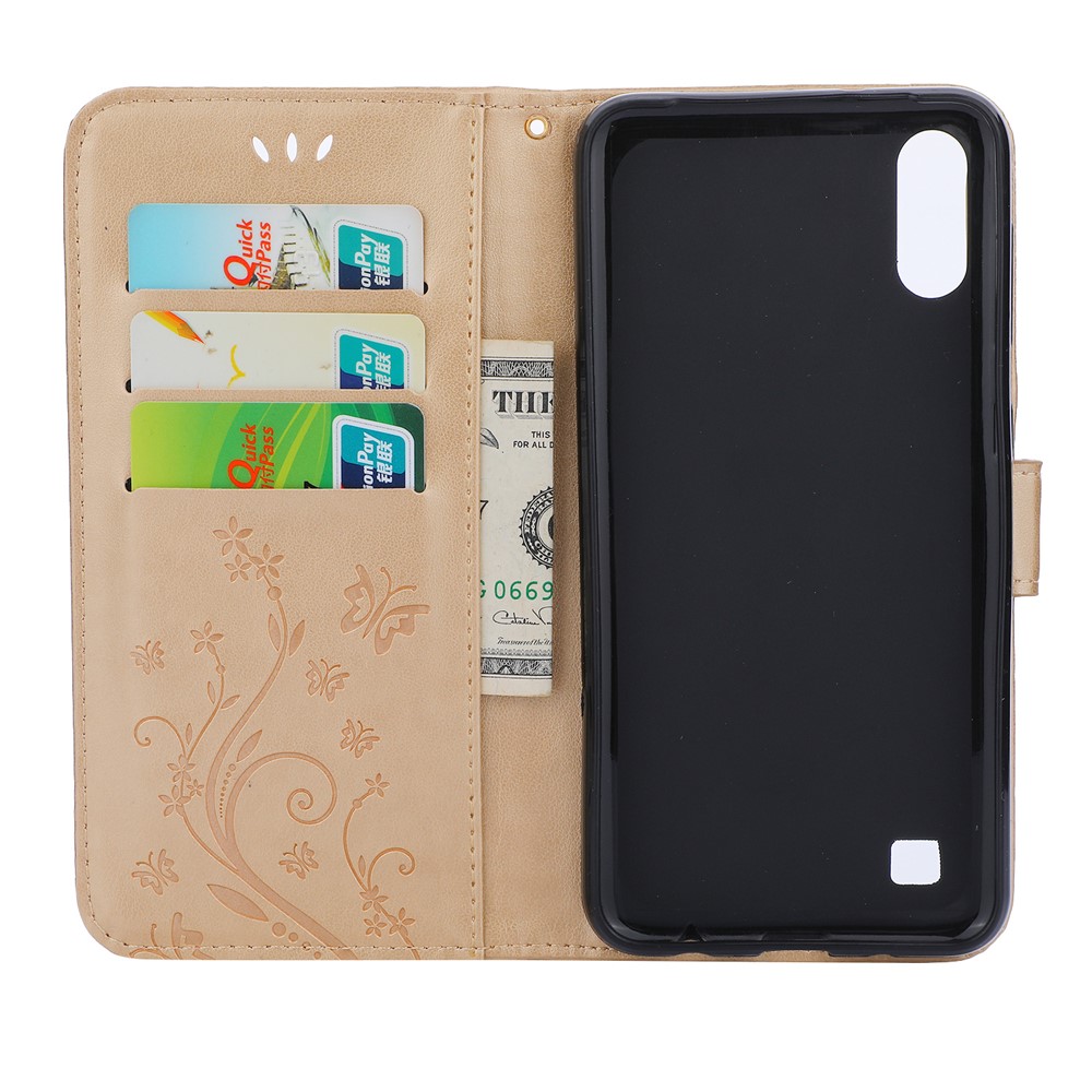 Imprint Butterfly Flower Leather Wallet Case for Samsung Galaxy A10 - Gold-3