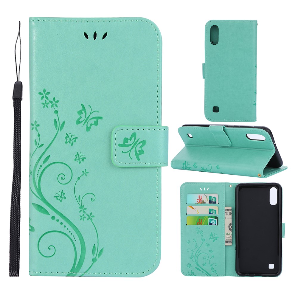 Imprint Butterfly Flower Leather Wallet Case for Samsung Galaxy A10 - Green-1
