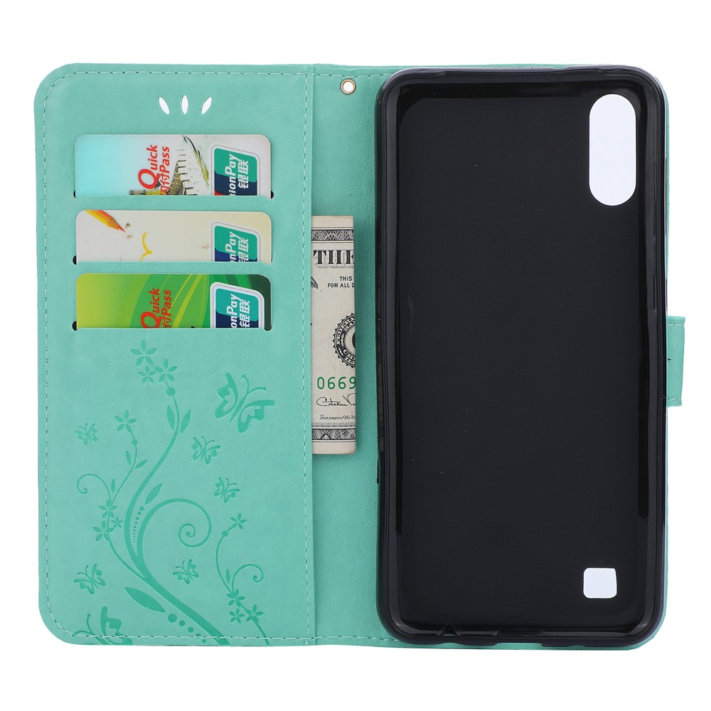 Imprint Butterfly Flower Leather Wallet Case for Samsung Galaxy A10 - Green-3