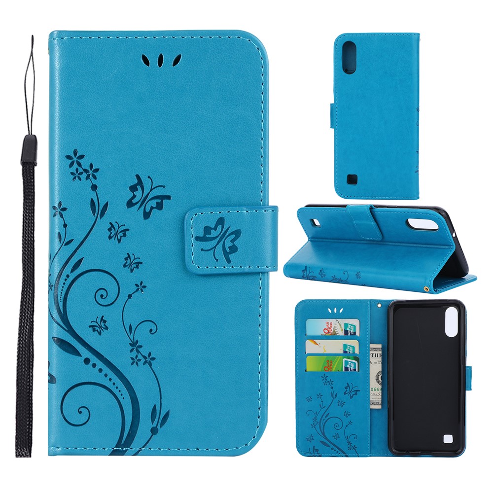Imprint Butterfly Flower Leather Wallet Case for Samsung Galaxy A10 - Blue-1