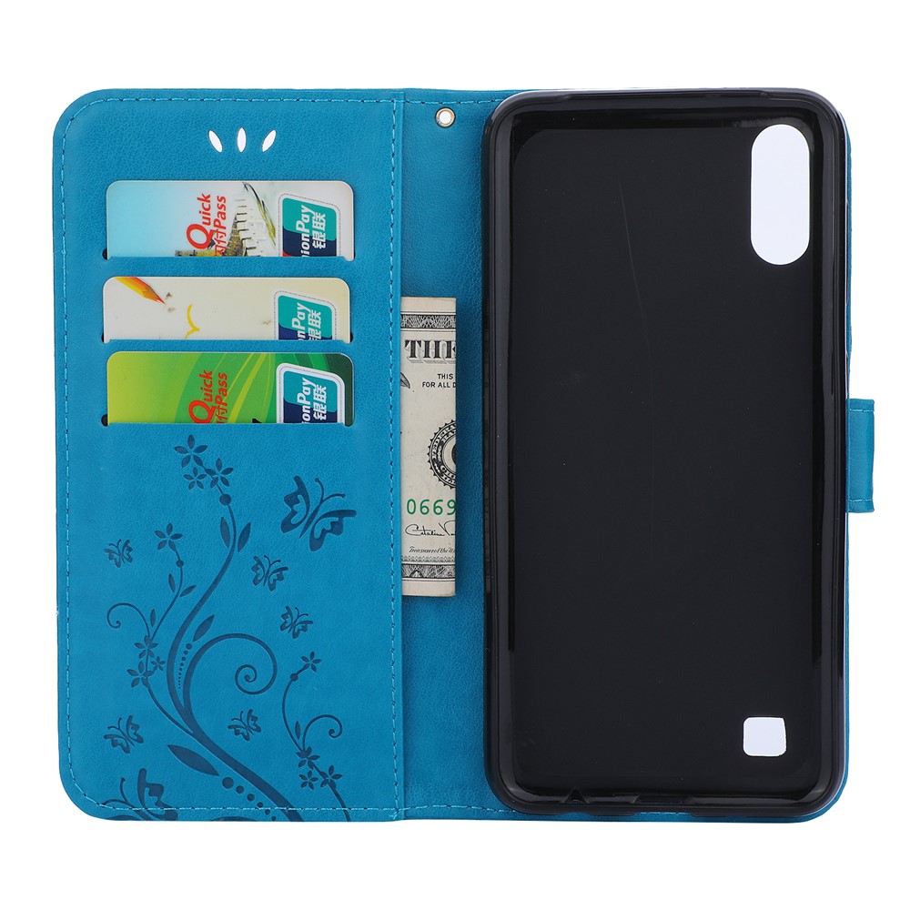 Imprint Butterfly Flower Leather Wallet Case for Samsung Galaxy A10 - Blue-3