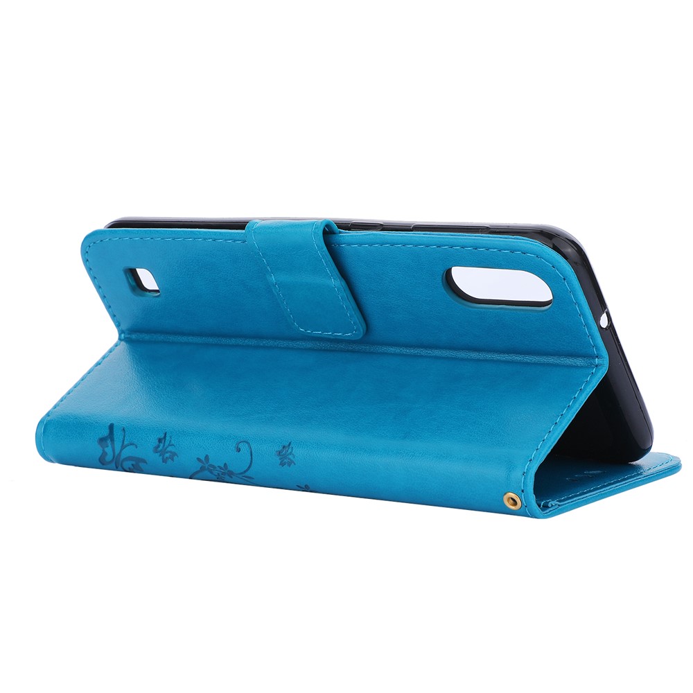 Imprint Butterfly Flower Leather Wallet Case for Samsung Galaxy A10 - Blue-4