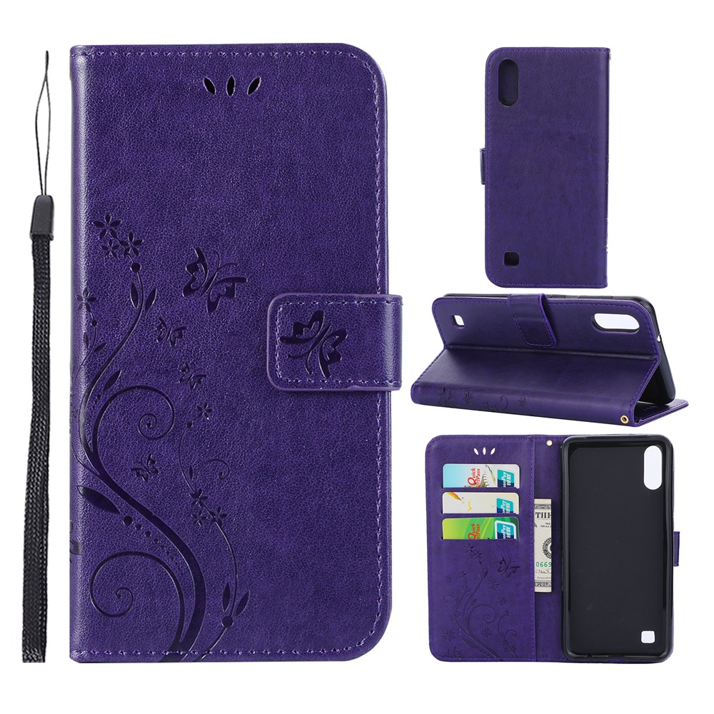 Imprint Butterfly Flower Leather Wallet Case for Samsung Galaxy A10 - Dark Purple-1