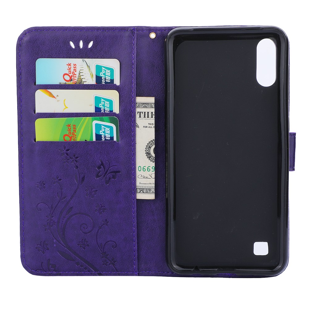 Imprint Butterfly Flower Leather Wallet Case for Samsung Galaxy A10 - Dark Purple-3