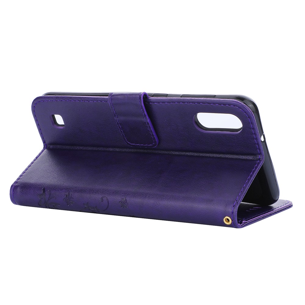 Imprint Butterfly Flower Leather Wallet Case for Samsung Galaxy A10 - Dark Purple-4