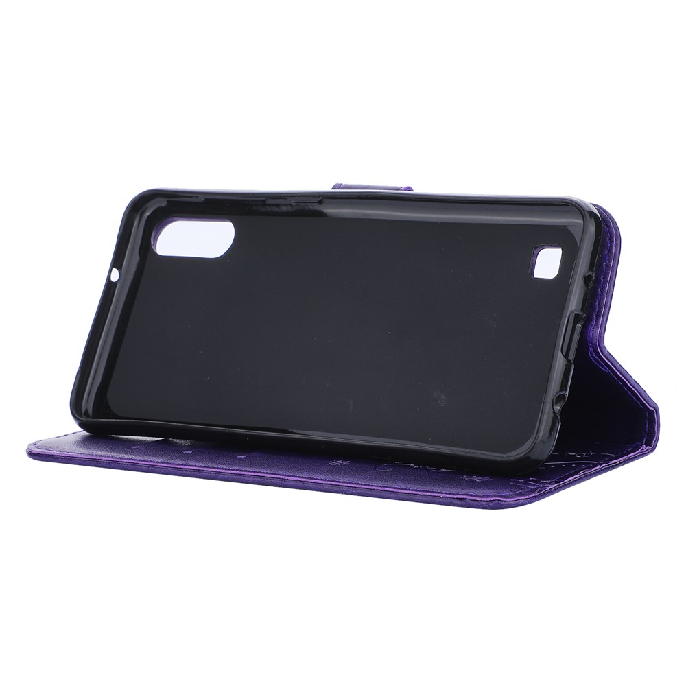Imprint Butterfly Flower Leather Wallet Case for Samsung Galaxy A10 - Dark Purple-5