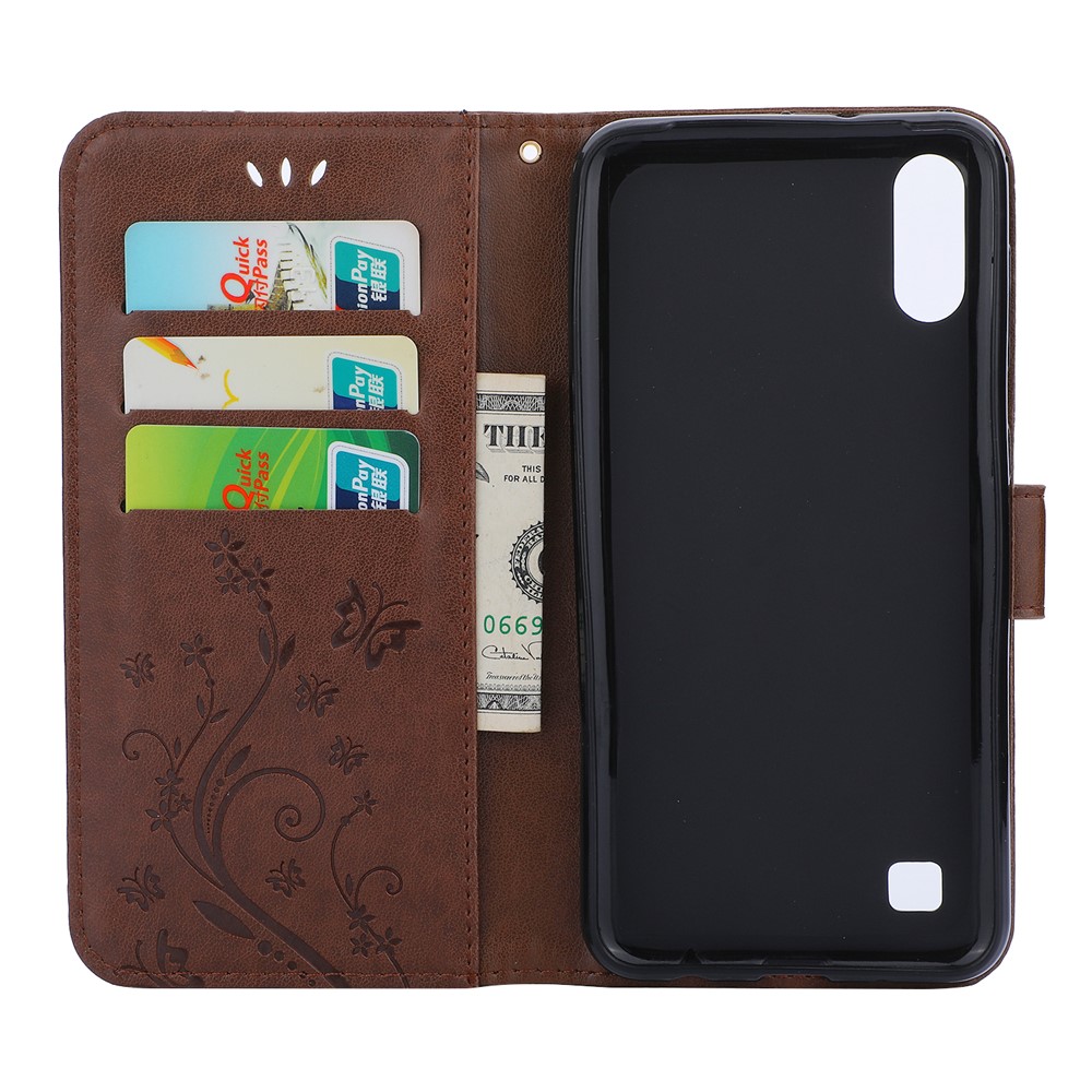 Imprint Butterfly Flower Leather Wallet Case for Samsung Galaxy A10 - Brown-3