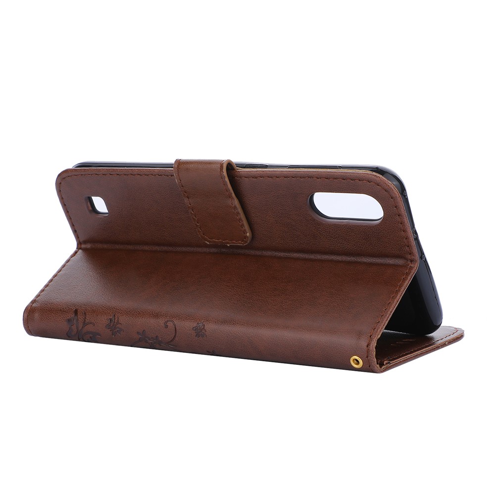 Imprint Butterfly Flower Leather Wallet Case for Samsung Galaxy A10 - Brown-4