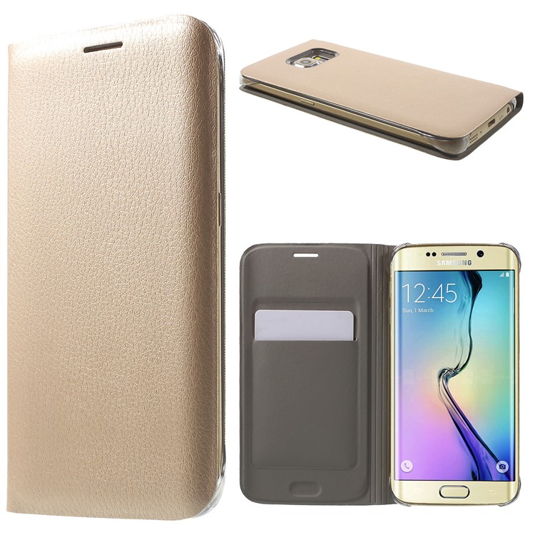 Litchi Leather Cover Card Holder for Samsung Galaxy S6 Edge G925 - Gold-1