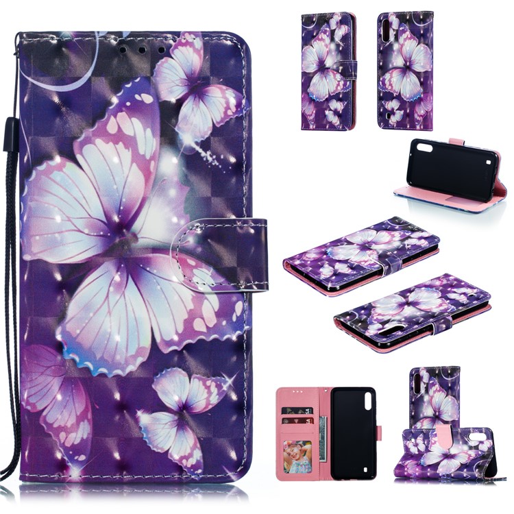 Étui Mobile En Cuir À Motifs 3D Décor Décor Spot Pour Samsung Galaxy M10 - Papillon Violet-1