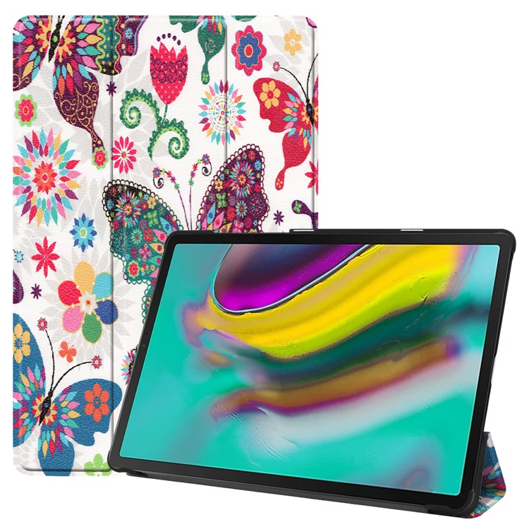 Pattern Printing Tri-fold Leather Stand Case for Samsung Galaxy Tab S5e SM-T720 - Butterfly and Flowers-1