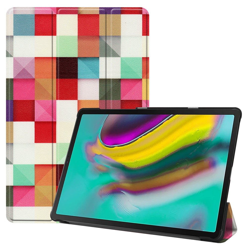 Pattern Printing Tri-fold Leather Stand Case for Samsung Galaxy Tab S5e SM-T720 - Colorful Checks-1