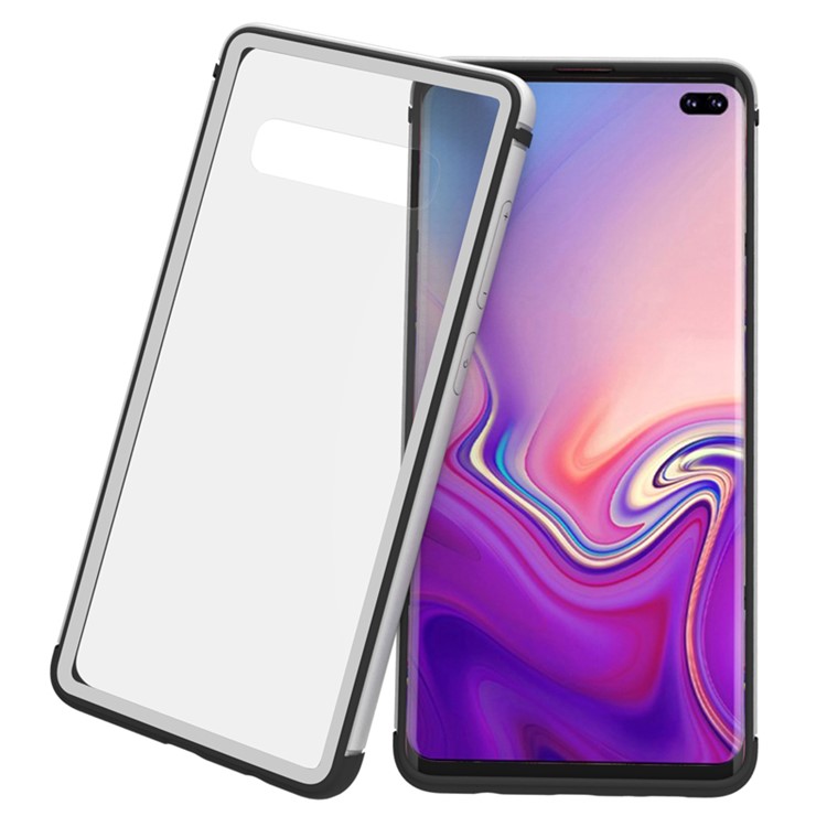 TPU Edge Metal Frame Strong Glass Back Phone Case Cover for Samsung Galaxy S10 Plus - Silver-1