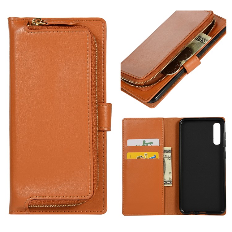 Wallet Zippered Genuine Leather Protector Case for Samsung Galaxy A50 - Brown-1