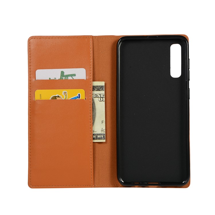 Wallet Zippered Genuine Leather Protector Case for Samsung Galaxy A50 - Brown-4