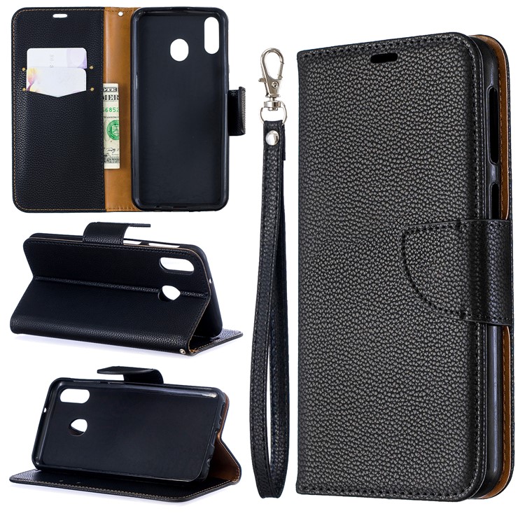 Litchi Texture Wallet Stand Protective Leather Cover for Samsung Galaxy M20 - Black-1