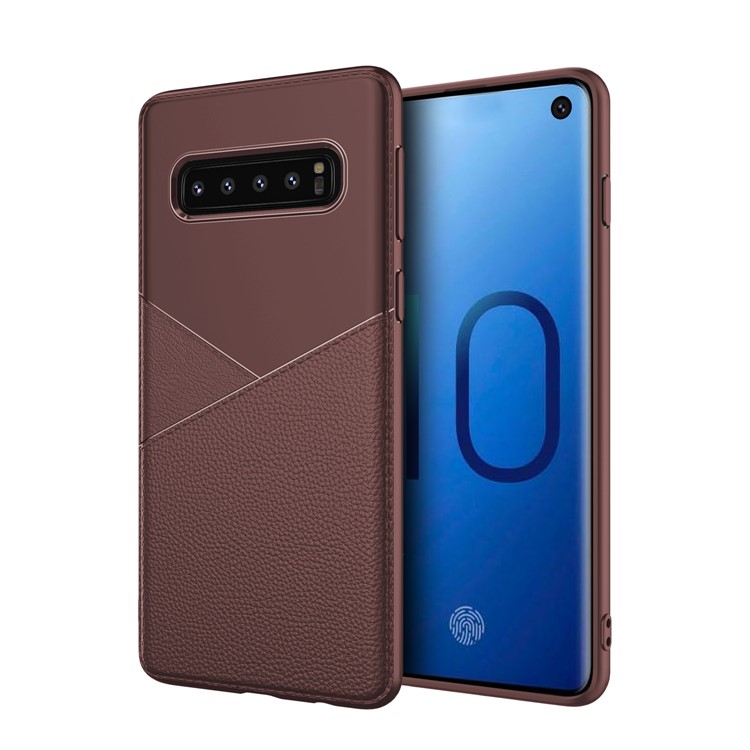 Shock-absorbing PU Leather Coated TPU Phone Case for Samsung Galaxy S10 5G - Coffee-1