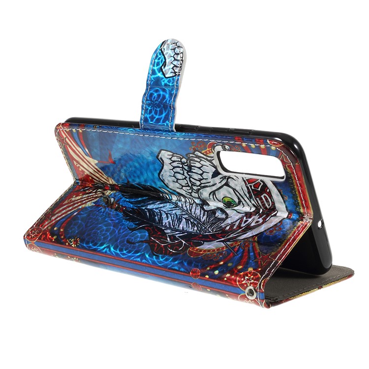 Laser Carving Pattern Printing Wallet Leather Case with Strap for Samsung Galaxy A50 / A50s / A30s - Tribal Feather Skull-3