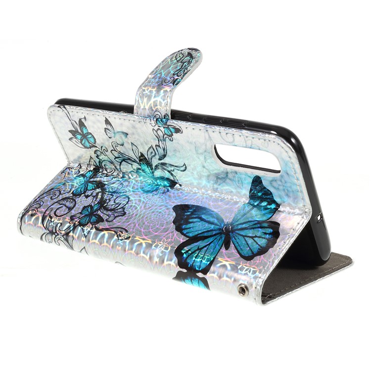 Laser Carving Pattern Printing Wallet Leather Case with Strap for Samsung Galaxy A50 / A50s / A30s - Blue Butterfly-5