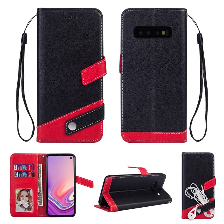 Contrast Color Litchi Texture PU Leather Wallet Phone Cover for Samsung Galaxy S10 - Black-1