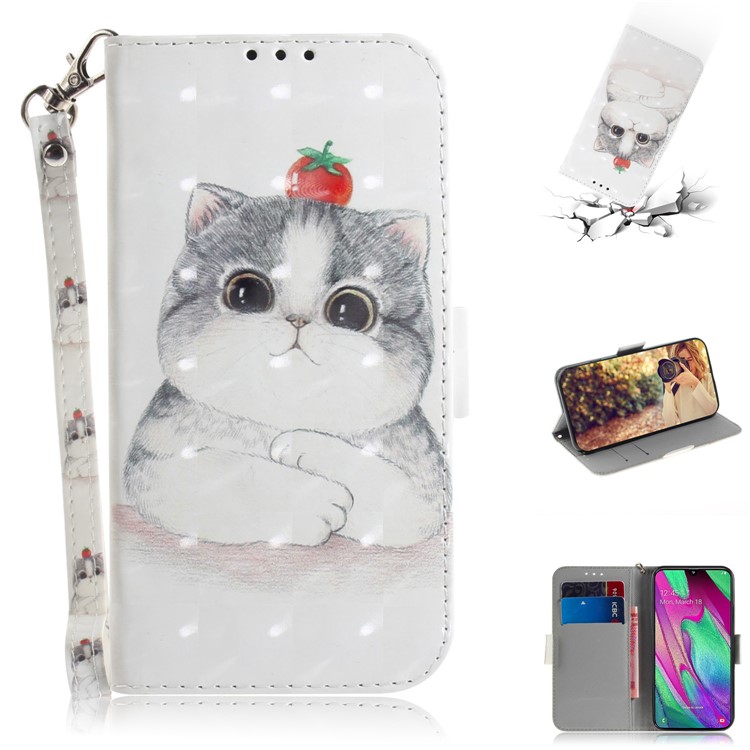 Pattern Printing Light Spot Decor Leather Protection Case for Samsung Galaxy A40 - Cat Holding a Tomato-1