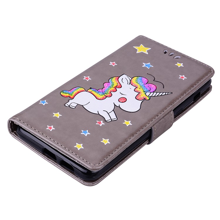 For Samsung Galaxy S10 Leather Stand Casing Cover / Flash Powder Decor Imprint Unicorn - Grey-5