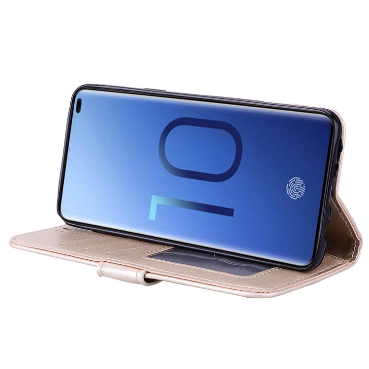 For Samsung Galaxy S10 Leather Stand Casing Cover / Flash Powder Decor Imprint Unicorn - Gold-3