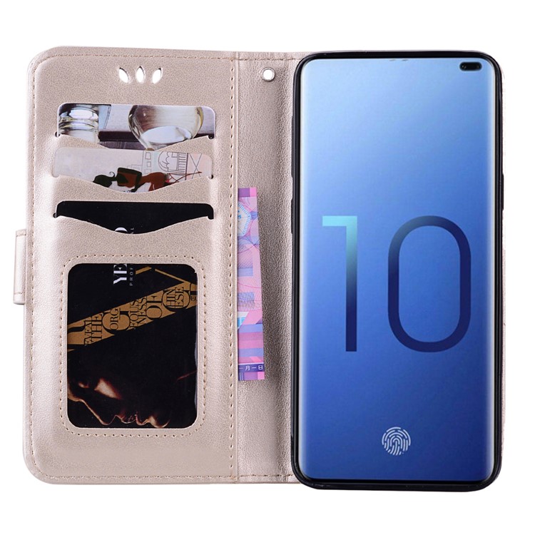 For Samsung Galaxy S10 Leather Stand Casing Cover / Flash Powder Decor Imprint Unicorn - Gold-4