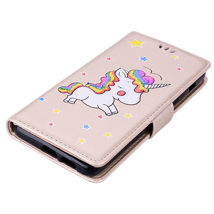 For Samsung Galaxy S10 Leather Stand Casing Cover / Flash Powder Decor Imprint Unicorn - Gold-5