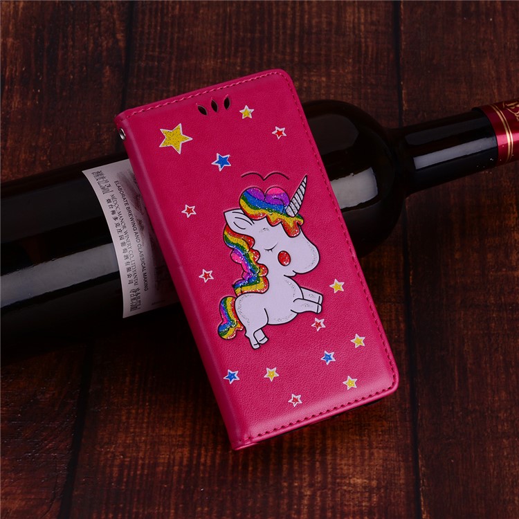 For Samsung Galaxy S10 Leather Stand Casing Cover / Flash Powder Decor Imprint Unicorn - Rose-6