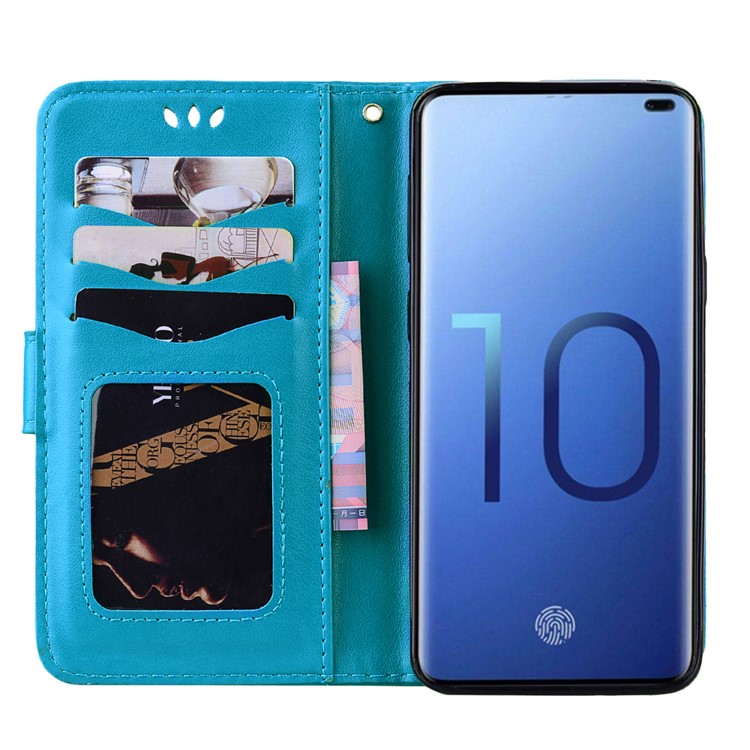 For Samsung Galaxy S10 Leather Stand Casing Cover / Flash Powder Decor Imprint Unicorn - Blue-4