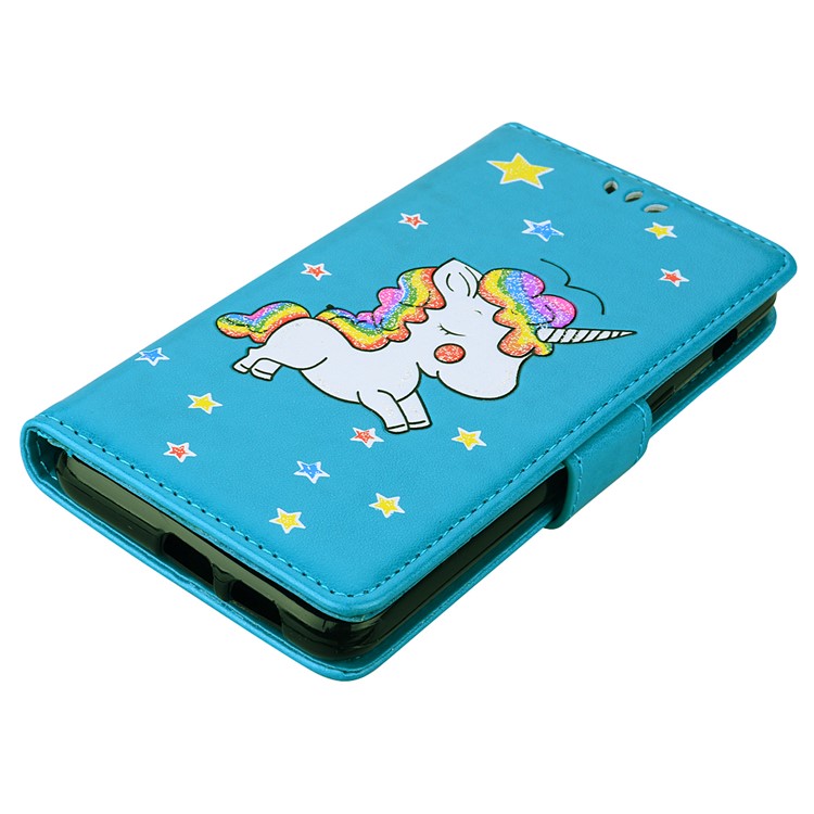For Samsung Galaxy S10 Leather Stand Casing Cover / Flash Powder Decor Imprint Unicorn - Blue-5