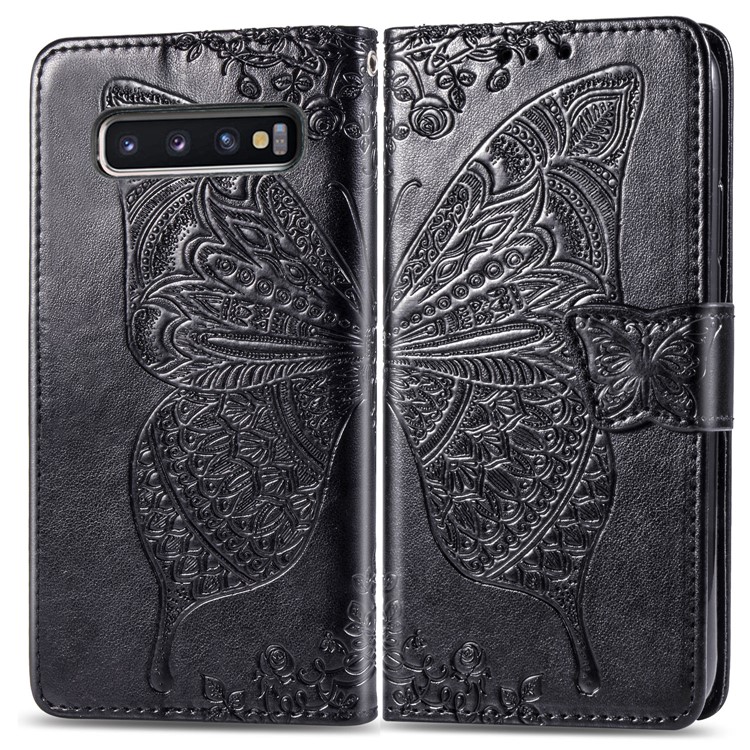 Imprint Butterfly Flower Leather Wallet Stand Phone Cover for Samsung Galaxy S10 Plus - Black-1