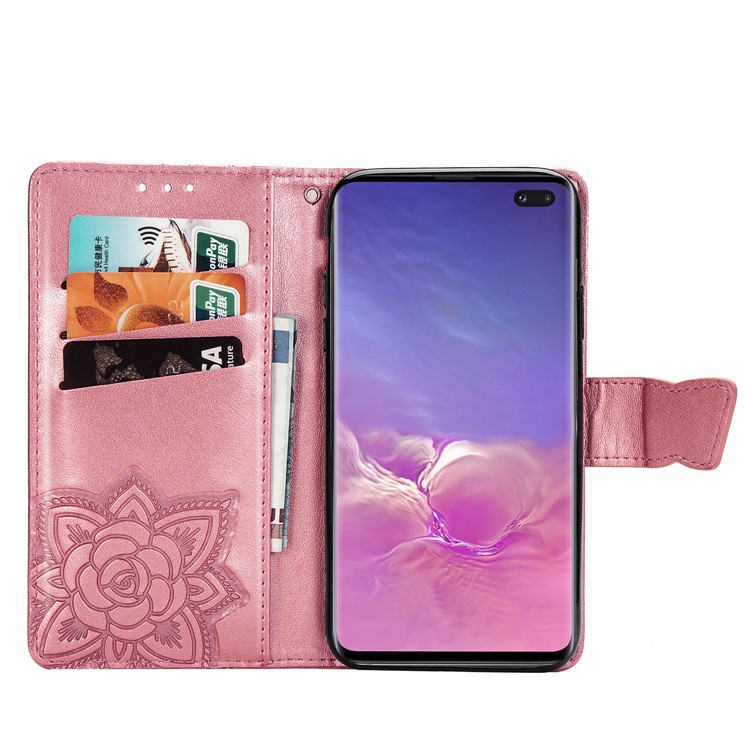 Imprint Butterfly Flower Leather Wallet Stand Phone Cover for Samsung Galaxy S10 Plus - Pink-4