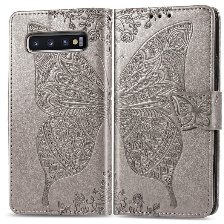 Imprint Butterfly Flower Leather Wallet Stand Phone Cover for Samsung Galaxy S10 - Grey-1