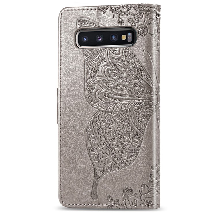 Imprint Butterfly Flower Leather Wallet Stand Phone Cover for Samsung Galaxy S10 - Grey-3