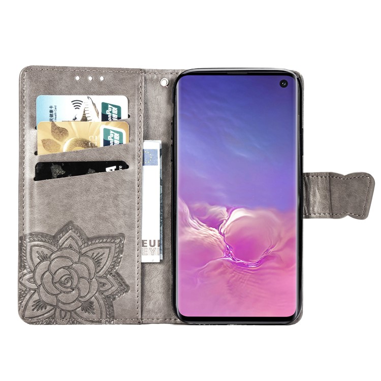 Imprint Butterfly Flower Leather Wallet Stand Phone Cover for Samsung Galaxy S10 - Grey-4