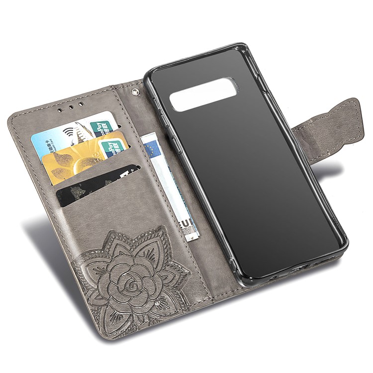 Imprint Butterfly Flower Leather Wallet Stand Phone Cover for Samsung Galaxy S10 - Grey-6