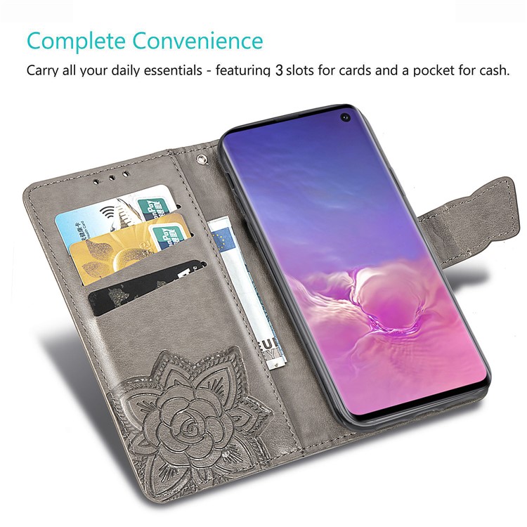Imprint Butterfly Flower Leather Wallet Stand Phone Cover for Samsung Galaxy S10 - Grey-7