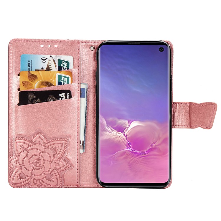 Imprint Butterfly Flower Leather Wallet Stand Phone Cover for Samsung Galaxy S10 - Rose Gold-4
