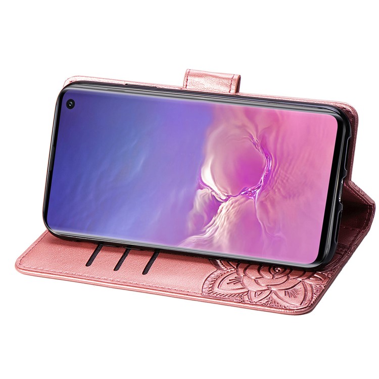 Imprint Butterfly Flower Leather Wallet Stand Phone Cover for Samsung Galaxy S10 - Rose Gold-5