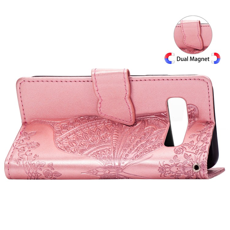 Imprint Butterfly Flower Leather Wallet Stand Phone Cover for Samsung Galaxy S10 - Rose Gold-6