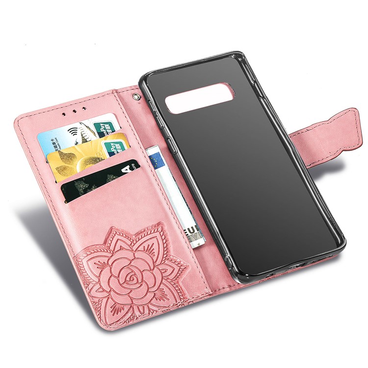 Imprint Butterfly Flower Leather Wallet Stand Phone Cover for Samsung Galaxy S10 - Rose Gold-8