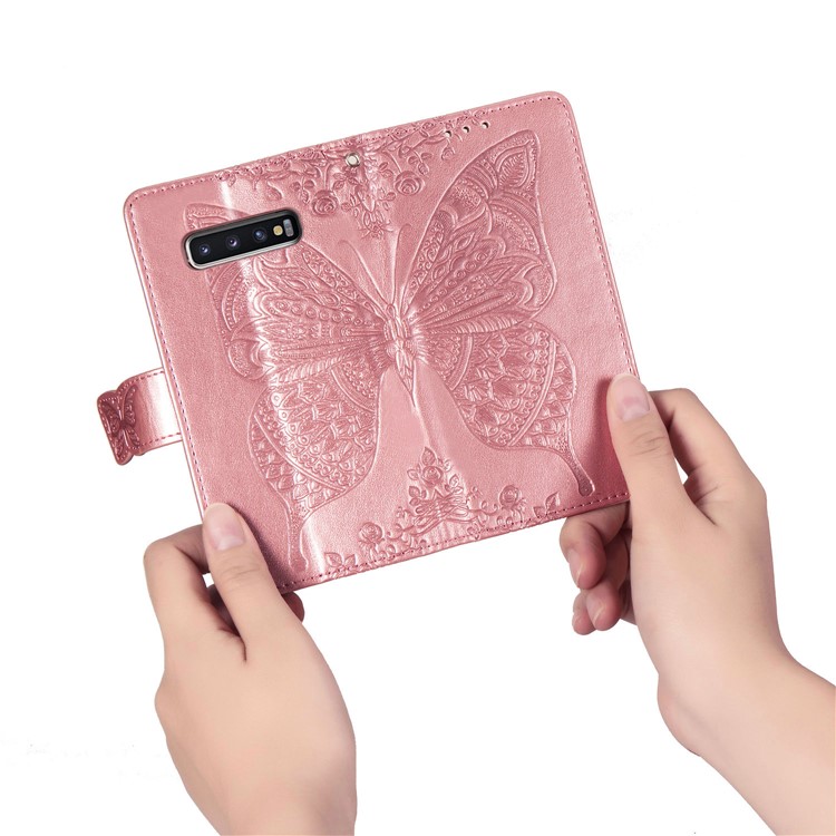 Imprint Butterfly Flower Leather Wallet Stand Phone Cover for Samsung Galaxy S10 - Rose Gold-9