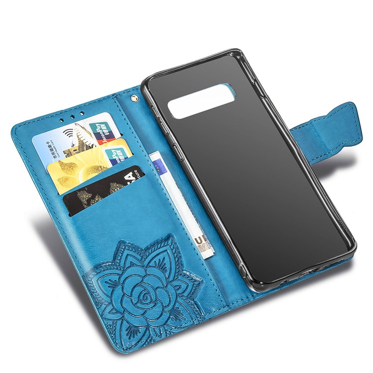 Imprint Butterfly Flower Leather Wallet Stand Phone Cover for Samsung Galaxy S10 - Blue-12
