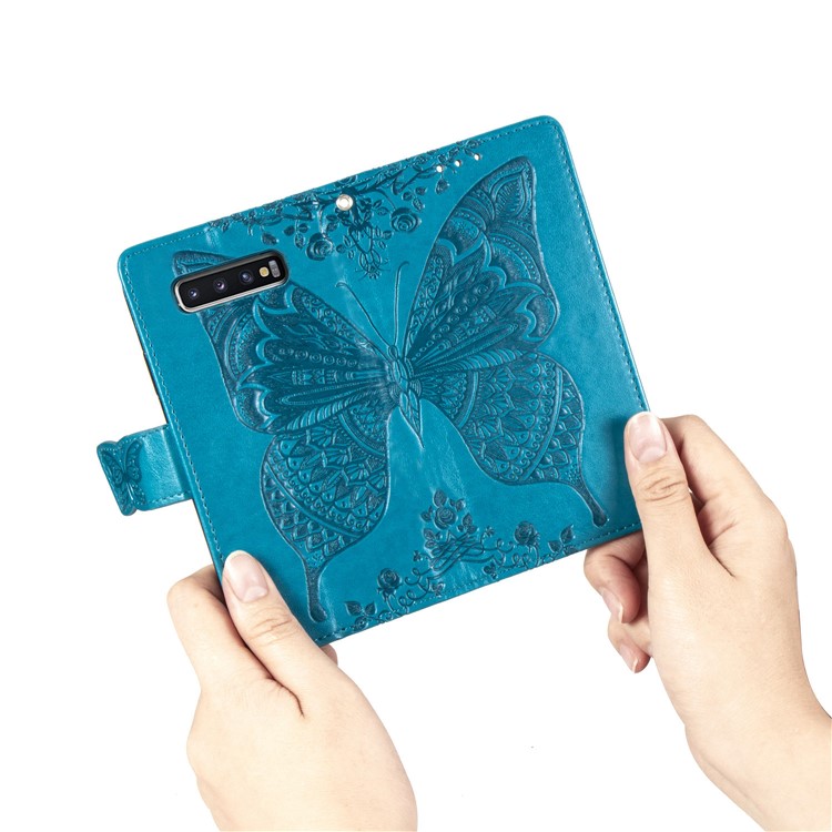 Imprint Butterfly Flower Leather Wallet Stand Phone Cover for Samsung Galaxy S10 - Blue-7